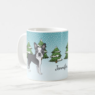 Mug Blue Boston Terrier dans une forêt d'hiver et nom