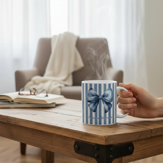 Mug Blue Bow Watercolor Stripe Design