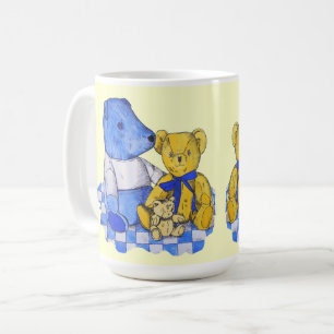 Mug blue check picnic cloth with three old teddies