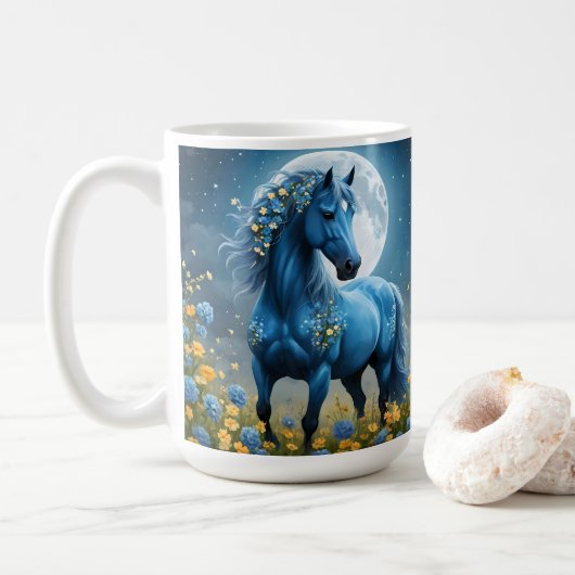 Mug Blue Fantasy Cheval Magique Fleurs de Lune, (Avec donut)