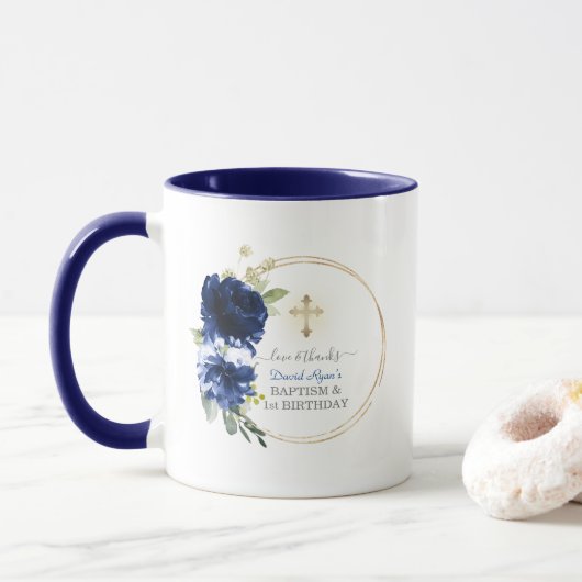 Mug Blue Floral Gold Boy 1er Anniversaire Baptême (Avec donut)