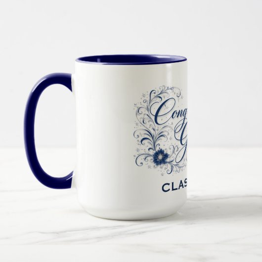 Mug Blue Floral Graduation Script with Custom Year (Gauche)
