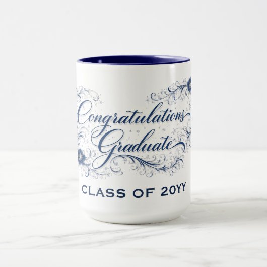 Mug Blue Floral Graduation Script with Custom Year (Centre)
