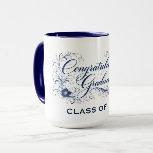 Mug Blue Floral Graduation Script with Custom Year (Devant gauche)