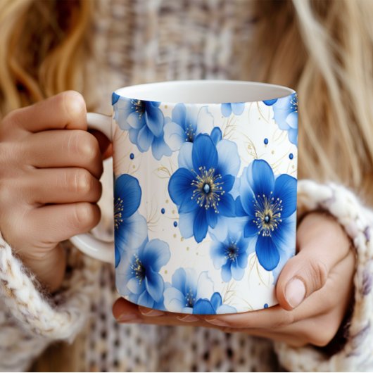 Mug Blue Floral Pattern with Gold Accents