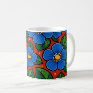 Mug Blue Flowers and Green Leaves on a Red Background