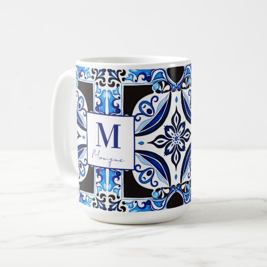 Mug Blue French Tile douche nuptiale favorise le monog (Devant gauche)