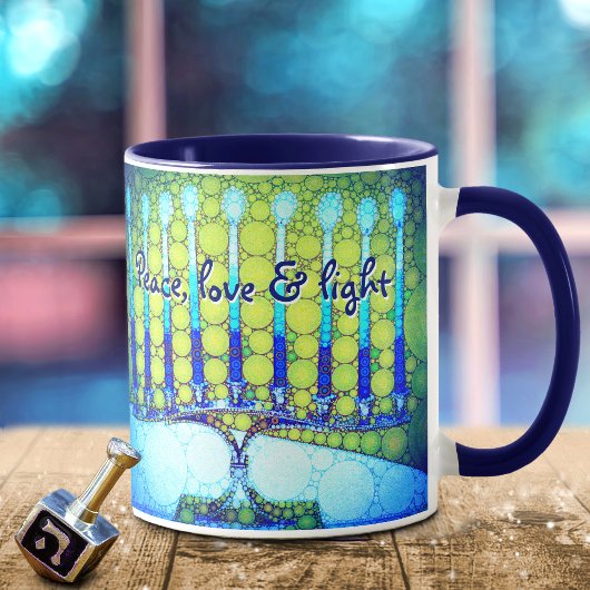 Mug Blue Green Hanoukka Menorah Peace Love Light Citat