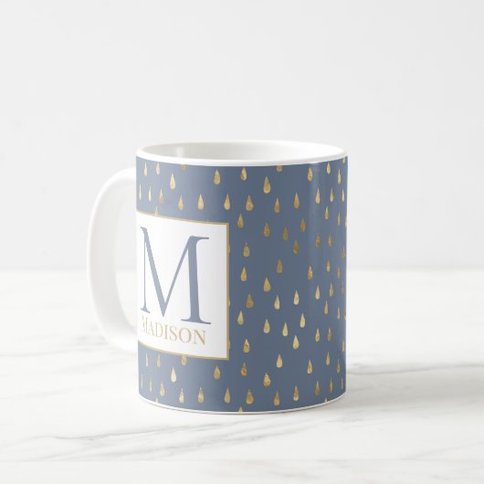 Mug Blue Grey Gold Raindrop Moderne Monogramme tendanc (Devant gauche)