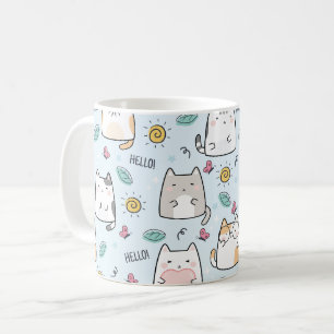 Mug Blue Kawaii Cute Cats Bonjour Motif