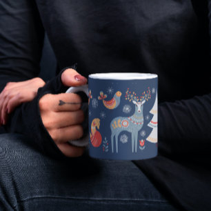 Mug Blue Nordic Reindeer Noël Arbre Floral Fête