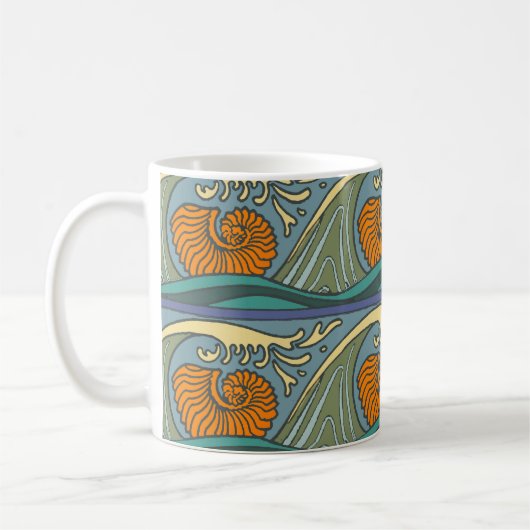 Mug Blue Ocean Waves Nautilus Seashell Motif Nouveau (Gauche)