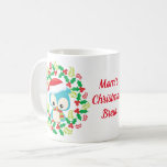 Mug Blue Owl Santa Hat Christmas Wreath<br><div class="desc">Cette jolie image de Noël présente un hibou bleu,  habillé d'un chapeau de Père Noël,  et une écharpe,  assis dans une couronne de saints,  et de baies. Image ©Prettygrafik.com</div>