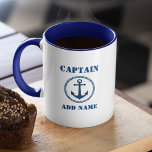 Mug Blue Sea Ancre Captain Ajouter un nom ou un nom de<br><div class="desc">Marine Blue Sea Ancre Capitaine Ajouter un nom ou un nom de bateau Café Mug - Bleu et blanc</div>