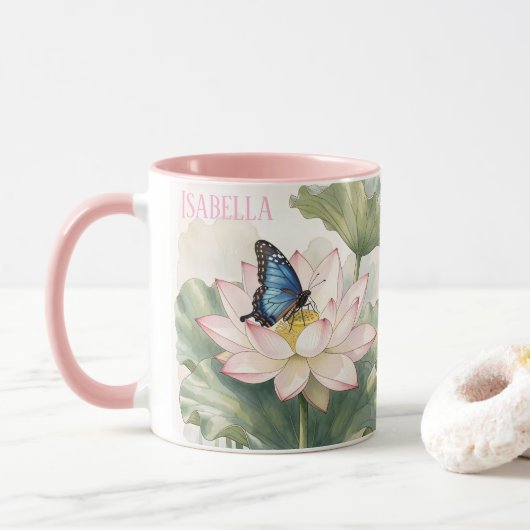 Mug Blue Swallowtail Butterfly With Lotus Flower Name (Avec donut)