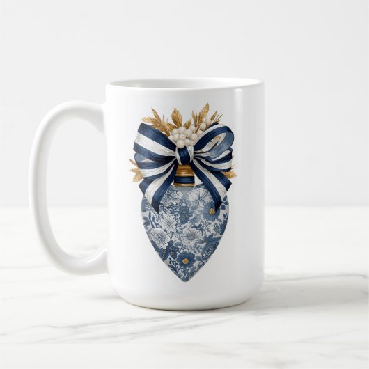 Mug Blue Toile Floral Heart Navy Stripe Bow (Gauche)