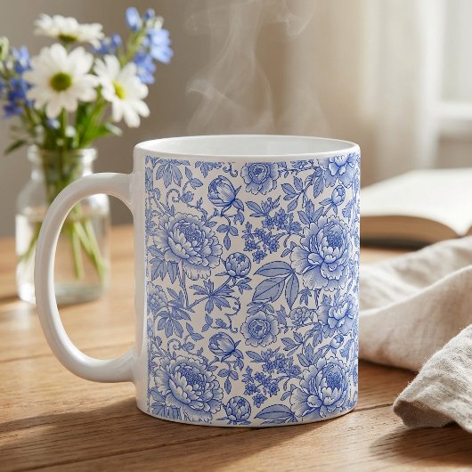Mug Blue Toile Floral Pattern Classic Botanical