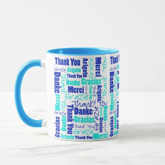 Mug Blue Turquoise Multilingual Merci Word Cloud (Gauche)