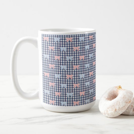 Mug Blue White Gingham Pink Blue Coquette Bows Trendy  (Avec donut)