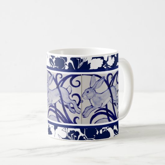Mug Blue & White Lapin Lièvre Bunny Art Déco Tropical (Devant droit)