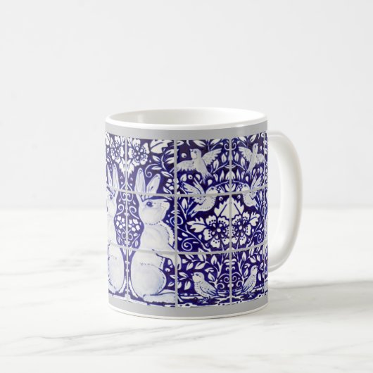 Mug Blue & White Rabbit & Bird Floral Tile Art mural (Devant droit)