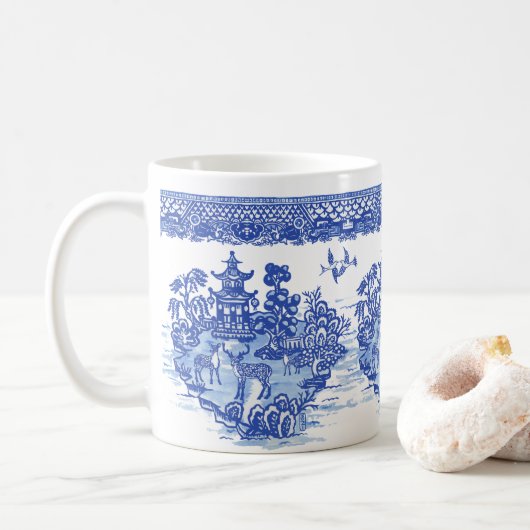 Mug Blue Willow Deer Isle of Animals Classic Fun Art (Avec donut)