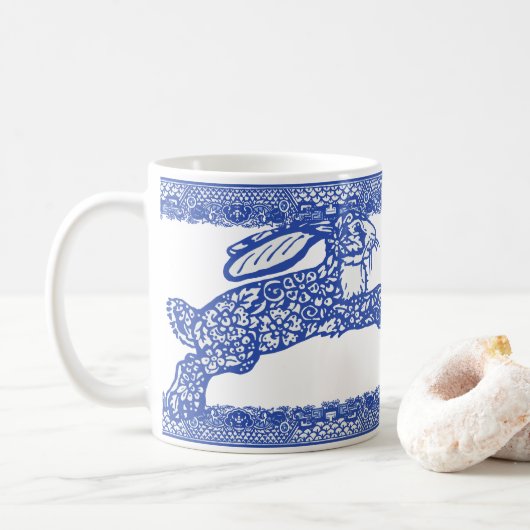 Mug Blue Willow Rabbits Bunnies Floral Whimsical (Avec donut)