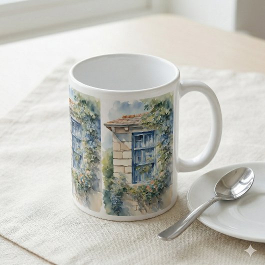 Mug Blue Window Stone Wall Cottage Vines
