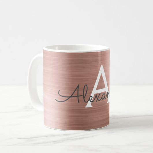 Mug Blush Pink - Rose Gold Metallic Monogram Nom (Devant gauche)