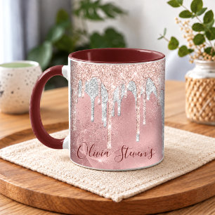 Mug Blush rose chic monogramme gouttes d'argent