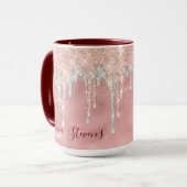 Mug Blush rose chic monogramme gouttes d'argent (Devant gauche)