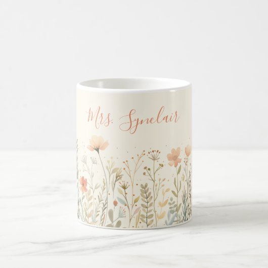 Mug Blush Wildflower Teacher Name Elegant Script (Centre)