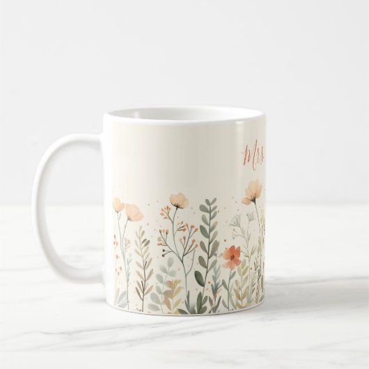 Mug Blush Wildflower Teacher Name Elegant Script (Gauche)