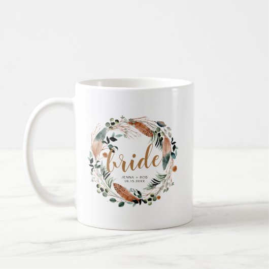 Mug Bohème Plume et Feuillage pour la Mariée (Gauche)