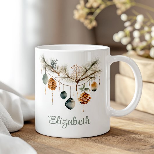 Mug Boho Aquarelle Ornement de Noël Nom personnalisé