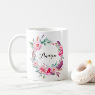 Mug Boho Aquarelle Peonies roses Fleurs Wreath