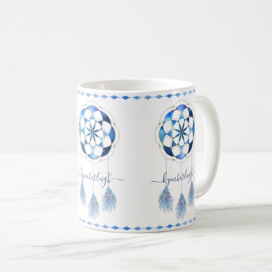 Mug Boho Blue Celestial Mandala Dreamcatcher Monogramm (Devant droit)