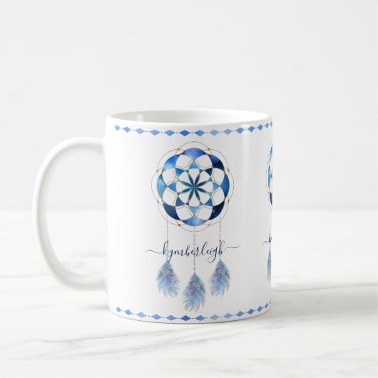 Mug Boho Blue Celestial Mandala Dreamcatcher Monogramm (Gauche)