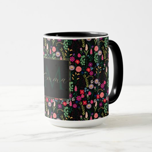 Mug Boho Botanique Aquarelle Fleurs Noir (Devant droit)
