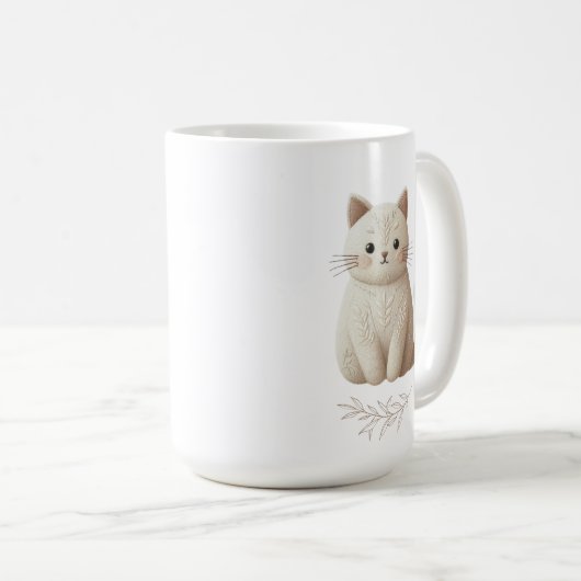 Mug Boho Brodé Beige Kitty avec Feuille (Devant droit)