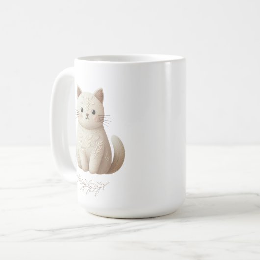 Mug Boho Brodé Beige Kitty avec Feuille (Devant gauche)