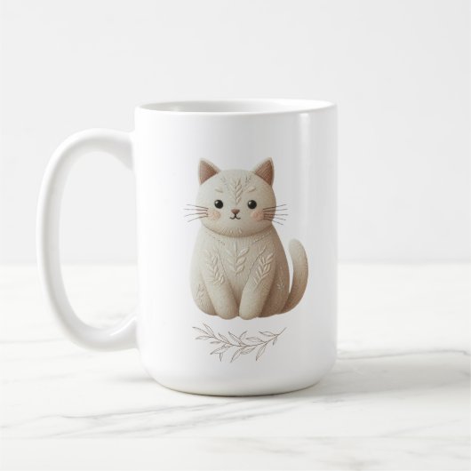 Mug Boho Brodé Beige Kitty avec Feuille (Gauche)