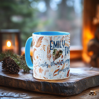 Mug Boho chic floral moon with copper and blue leaves