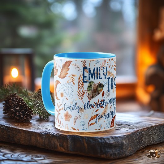 Mug Boho chic floral moon with copper and blue leaves