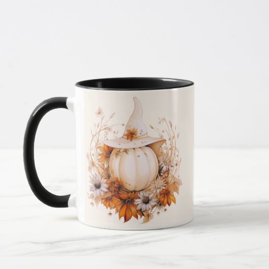 Mug Boho Citrouille Blanche et Fleurs Crème Halloween (Gauche)