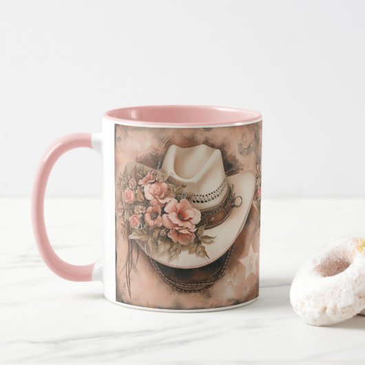 Mug Boho cowgirl fleurs casquette et saumon (Avec donut)
