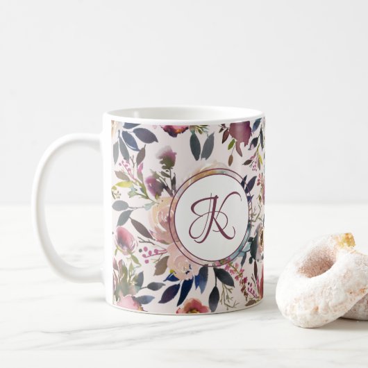 Mug Boho Fleurs rose Sage Vert Monogramme (Avec donut)