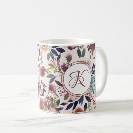 Mug Boho Fleurs rose Sage Vert Monogramme (Devant droit)