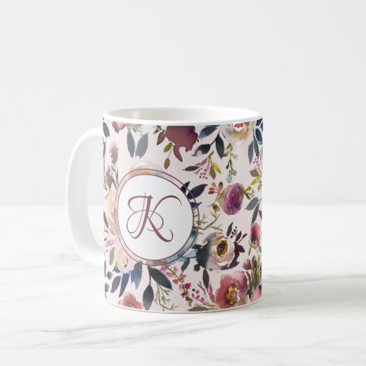 Mug Boho Fleurs rose Sage Vert Monogramme (Devant gauche)