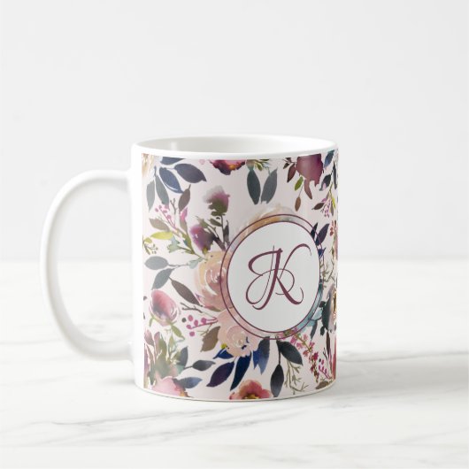 Mug Boho Fleurs rose Sage Vert Monogramme (Gauche)